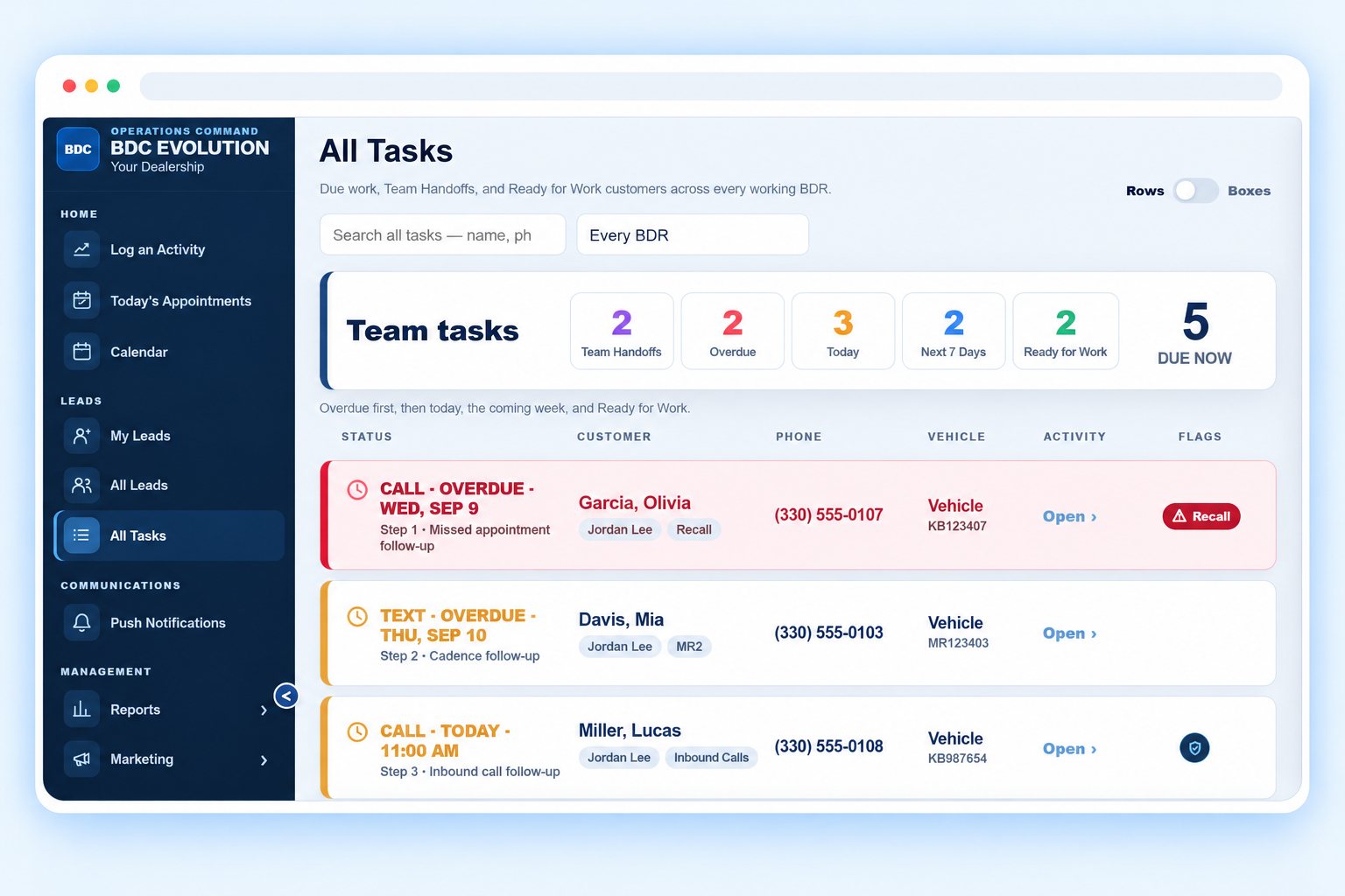 BDC Evolution All Tasks workspace showing team workload and color-coded task rows